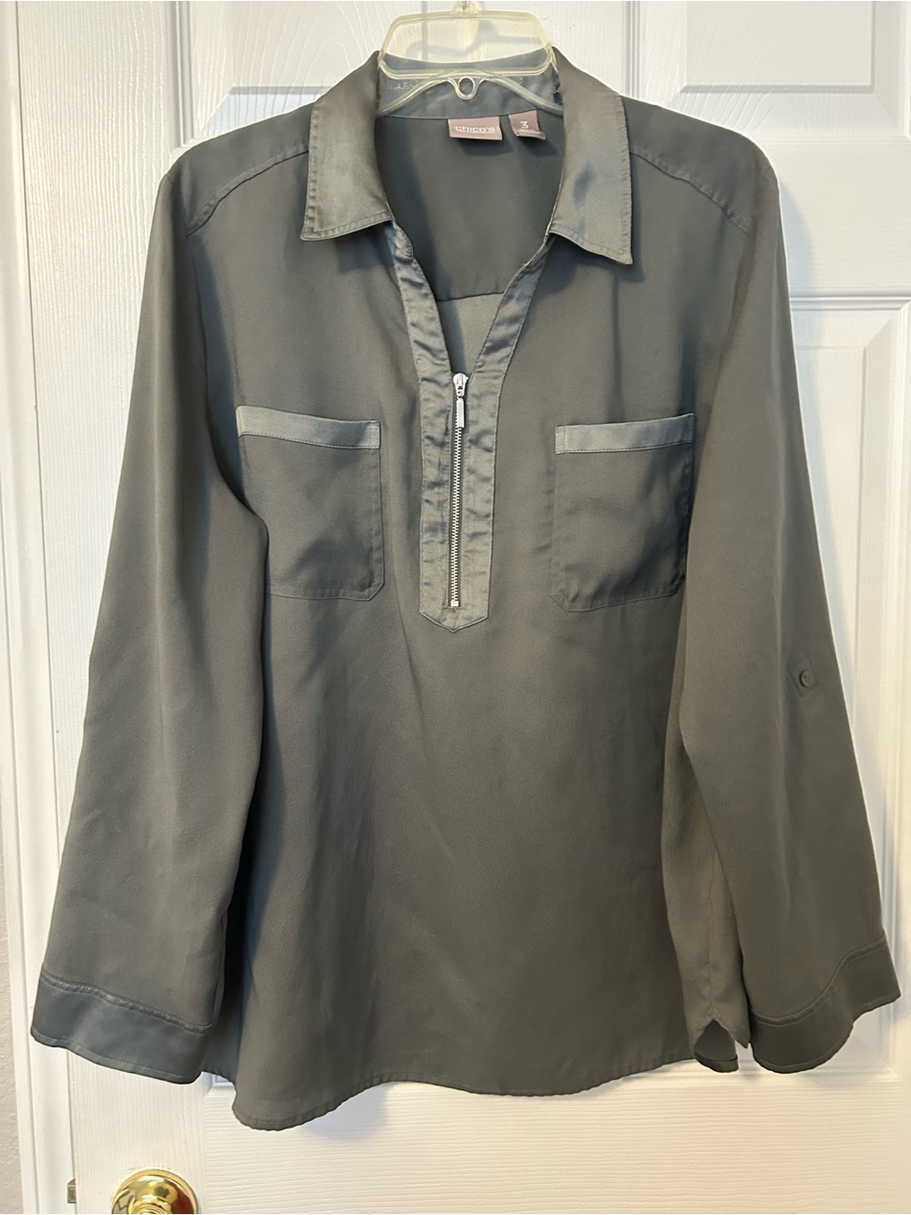 Chico's Olive Green Zip-Front Long Sleeve Blouse/ Size 3